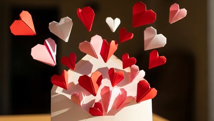 Colorful origami hearts in a box