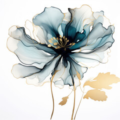 Abstract blue alcohol ink flower with gold outlines and petals isolated on white background for luxury interior design