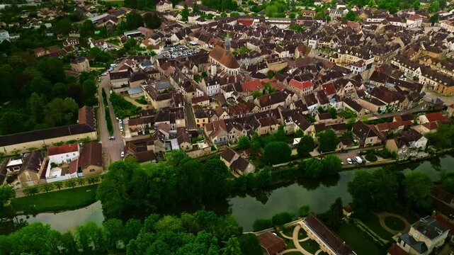 Aerial view of the famous French small town of Chablis, where grapes are grown and famous wine is made. Burgundy Region, France