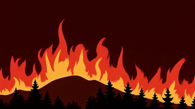 Wildfire cartoon animation of forest fire burning trees and hills