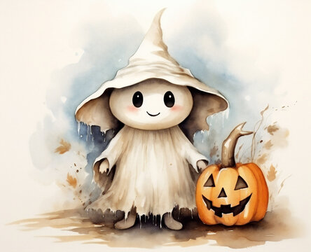 cute little ghost in a witch costume with a pumpkin