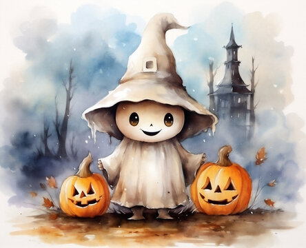 cute ghost with a pumpkin for halloween