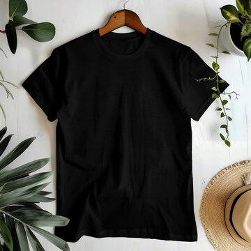 Black T-shirt Mockup on wood hanger with tropical leaves