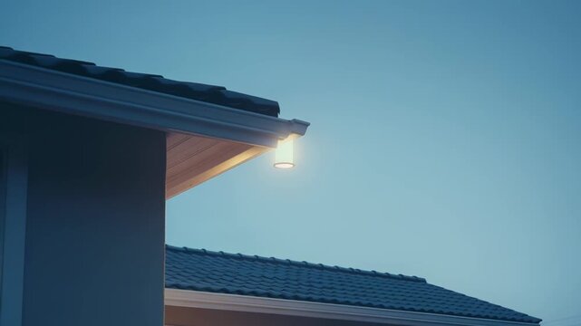 House section showcasing a modern outdoor lamp illuminating the soffit and roof edge, creating a warm glow against the deepening twilight sky, symbolizing home security and comfort