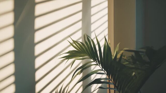 Houseplant leaves are catching warm sunlight filtering through window blinds, creating graphic stripe shadows on a light colored wall with a serene and natural ambiance
