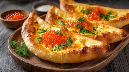 Delicious khachapuri filled with cheese and topped with vibrant salmon roe and fresh herbs sits on a rustic wooden platter. Perfectly baked and ready to enjoy.