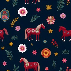 Vibrant seamless pattern featuring stylized red horses adorned with floral details, set against a deep navy blue background with scattered flowers and leaves.