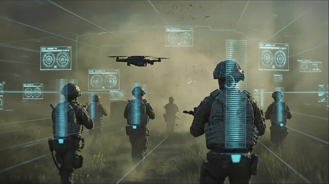 Soldiers in Action: A squadron of modern-day soldiers, equipped with futuristic gear and accompanied by a hovering drone, advancing in a simulated battlefield environment.