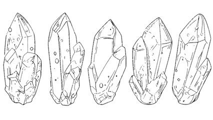 Vector sketch-style of a series of fantasy magic crystals. Drawing with black lines on a transparent background.