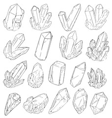 Vector isometric, game-ready sketch-style of a series of fantasy magic crystals. Drawing with black lines on a transparent background.