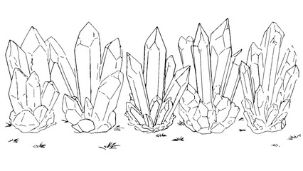 Vector sketch-style of a series of fantasy magic crystals. Drawing with black lines on a transparent background.
