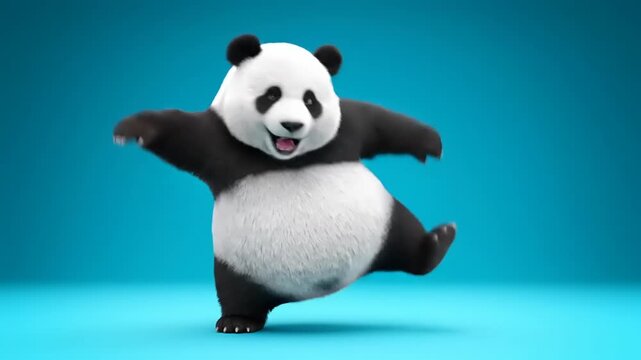 Whimsical panda dances happily, cartoon style. Cheerful and energetic character in motion against a vibrant blue background in a studio setting.