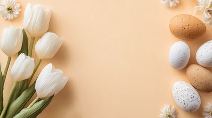 White tulips and painted eggs are arranged on a pastel background, creating a festive Easter scene with room for text in the center