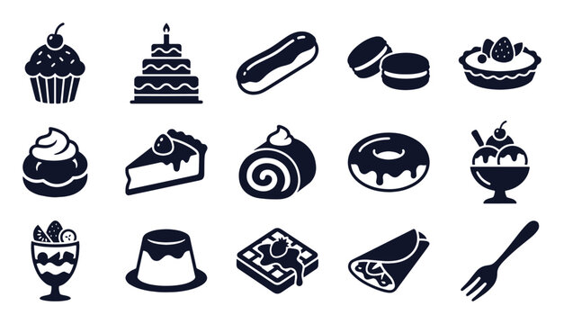 Desserts and pastries icon set. Glyph black silhouettes - cupcake, birthday cake, macaron, tart, donut, swiss roll, ice cream sundae, crepe. Flat vector pictograms