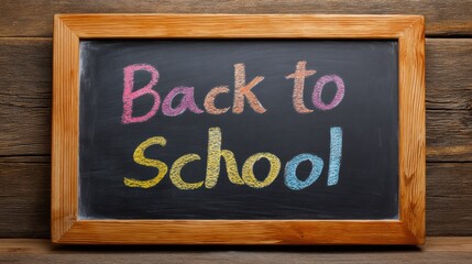Colorful "Back to School" text written on black chalkboard with wooden frame in multicolored chalk
