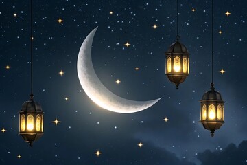 Fototapeta premium Illuminated lanterns under a crescent moon