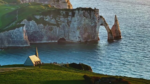 Aerial view of picturesque coastal limestone cliffs. Etretat, France