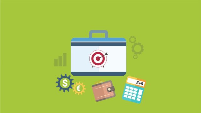 Business briefcase with target arrow and financial symbols on green background bullseye