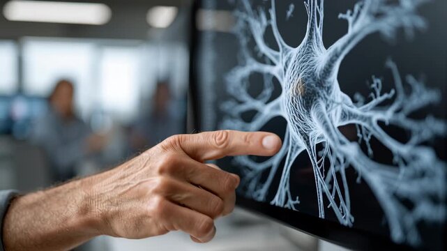 Medical and Tecnology concept ,Hand pointing neuron structure computer screen laboratory science research with detailed nerve