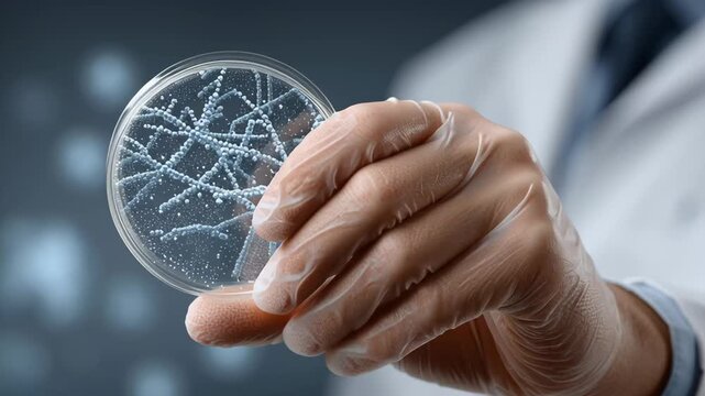 Medical and Tecnology concept ,Petri dish bacterial culture held by gloved hand showing microbial growth strands white colonies