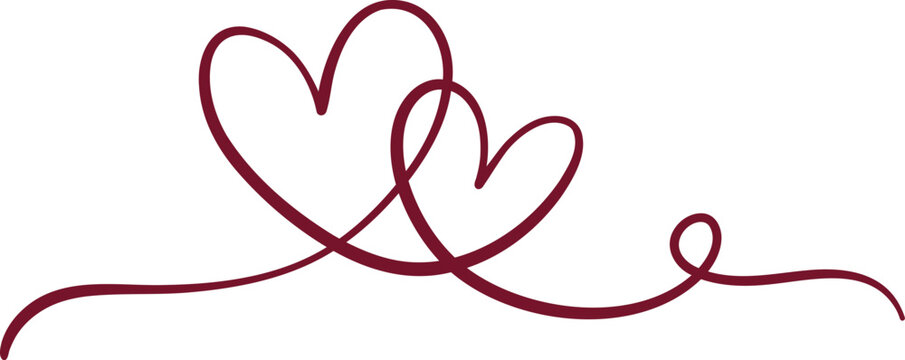 Burgundy romantic double heart swirl vector linear banner, valentine elegant swirl