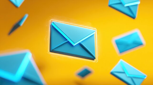 Blue digital envelopes appear to float against a bright yellow background symbolizing online communication messaging and quick information exchange in modern technology.