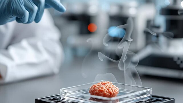 Medical and Tecnology concept ,Small artificial brain model petri dish with steam and gloved hand pointing scientific research