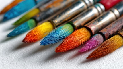 Obraz premium A collection of paintbrushes with vibrant colorful bristles positioned neatly in a row on white paper. The brushes show various textures and colors highlighting artistic tools.