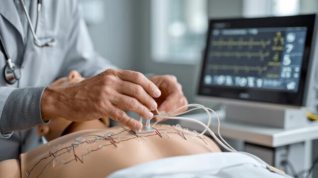 Medical and Tecnology concept ,Doctor hands attaching electrode medical training dummy chest for heart monitoring with