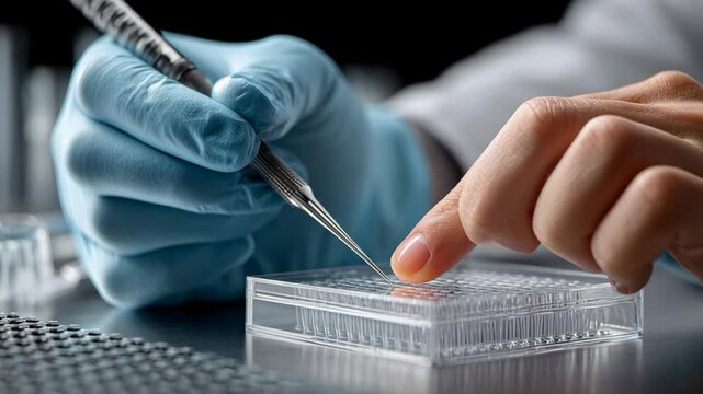 Medical and Tecnology concept ,Scientist gloved hand holding tweezers working with cell culture plate microplate near plastic lab