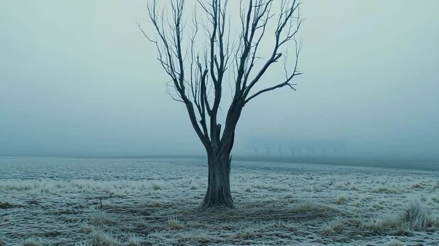 Single leafless tree standing in a frosty field, showing a desolate, cold winter landscape heavily covered in mist and rime ice, evoking feelings of solitude and nature's starkness