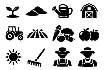 Obraz na płótnie Canvas Graphic icon farming set featuring rural objects, agricultural tools, fresh produce, and farmers for gardening and harvest concepts