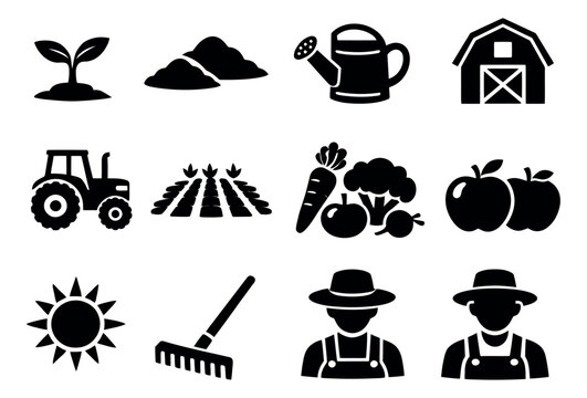Graphic icon farming set featuring rural objects, agricultural tools, fresh produce, and farmers for gardening and harvest concepts