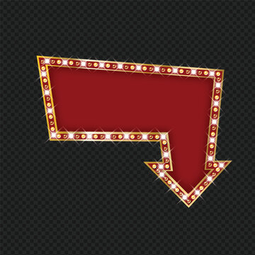 Retro glowing arrow sign with light bulbs pointing downward for casino or marquee advertisement