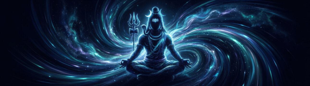 Meditating Lord Shiva silhouette against a swirling cosmic nebula background hindu god