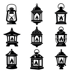 Obraz premium Iconic lantern set featuring various traditional and ornamental designs with a lit flame for lighting and cultural events