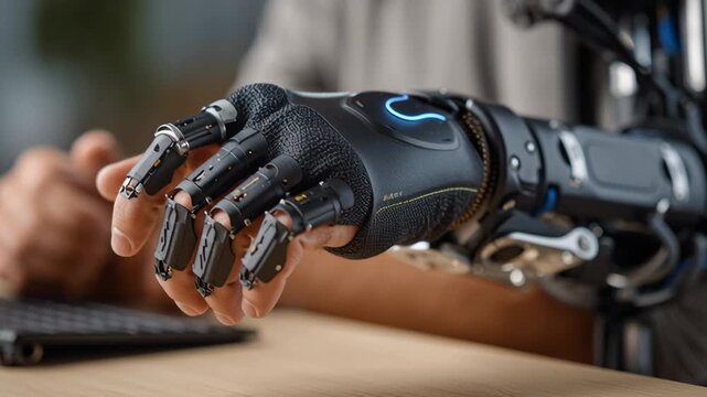 Medical and Tecnology concept ,Robotic hand with advanced mechanical fingers and synthetic skin operating keyboard showcasing