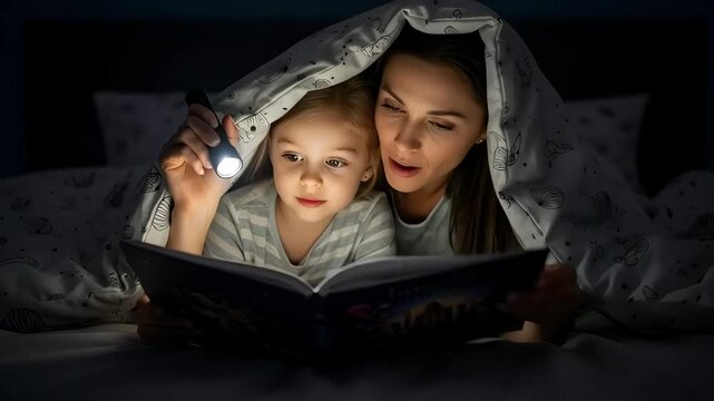 Woman and a little girl reading book under blanket with flashlight at night. Bedtime story bonding, family love footage.