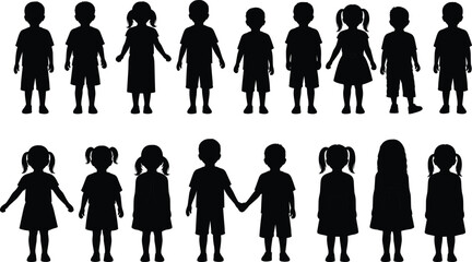 Children silhouettes collection showing boys and girls standing together kids childhood diversity concept isolated on white background vector illustration © Nur Creations