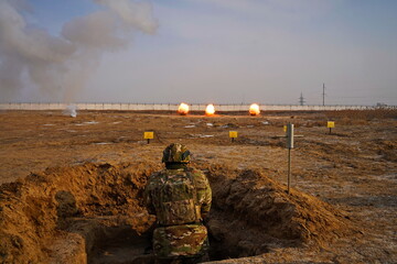 Naklejka premium Detonation of a mined field. Military exercises.