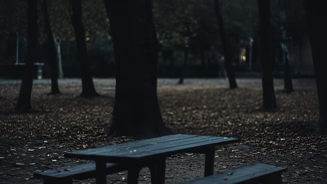 Wooden picnic table and benches on leaf strewn ground in a quiet park at dusk, evoking melancholic solitude and tranquil, moody autumn atmosphere