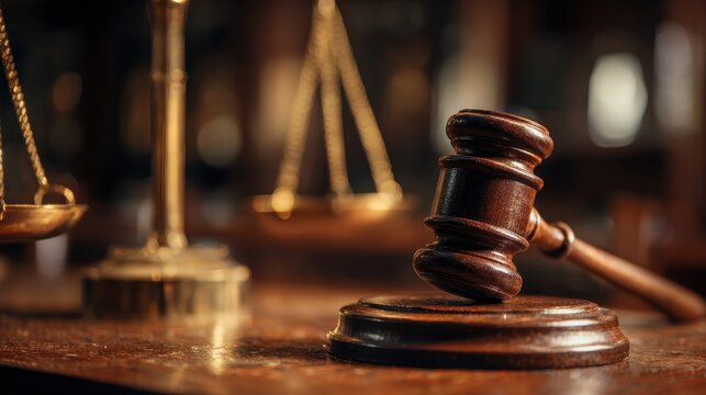 Judicial hammer and scales of justice represent law and order in courtroom setting during daytime