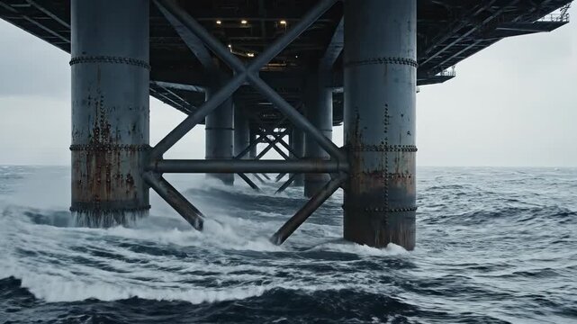 Immense steel legs of an offshore platform endure crashing ocean waves during an overcast day