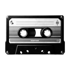 Obraz premium Retro audio cassette tape in black and white halftone dot style. Vintage analog media illustration symbolizing music recording, playback, nostalgia, 80s culture, and classic sound.