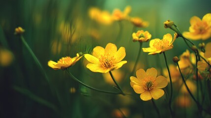 Obraz premium Yellow flowers bloom in a nature background filled with green plants and soft lighting during daytime in a garden scene