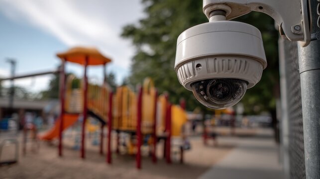 Security camera captures playground activity at school during daytime hours