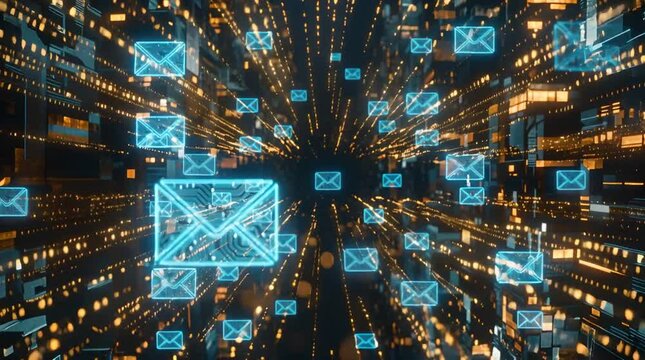 Glowing Blue Envelopes Against A Backdrop of Orange Data Streams And Abstract Cityscape In Soft Focus