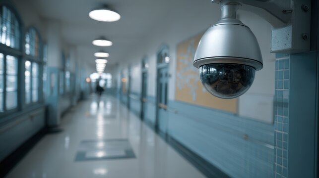 Monitoring student activities with security camera in school hallway during school hours