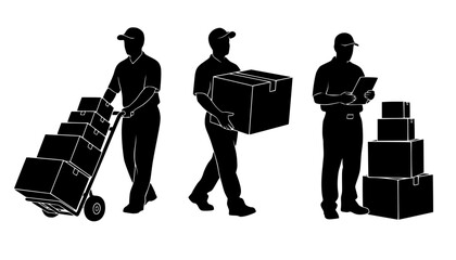 Delivery man silhouette vector. Silhouette of a delivery man pushing a cart with box. Mover pushing moving hand truck or dolly with boxes flat vector icon. vector silhouette on white background.