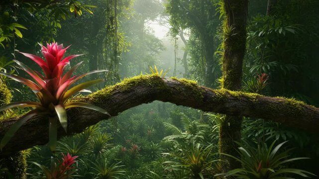 Lush Rainforest Scene with Red Bromeliad on Mossy Branch